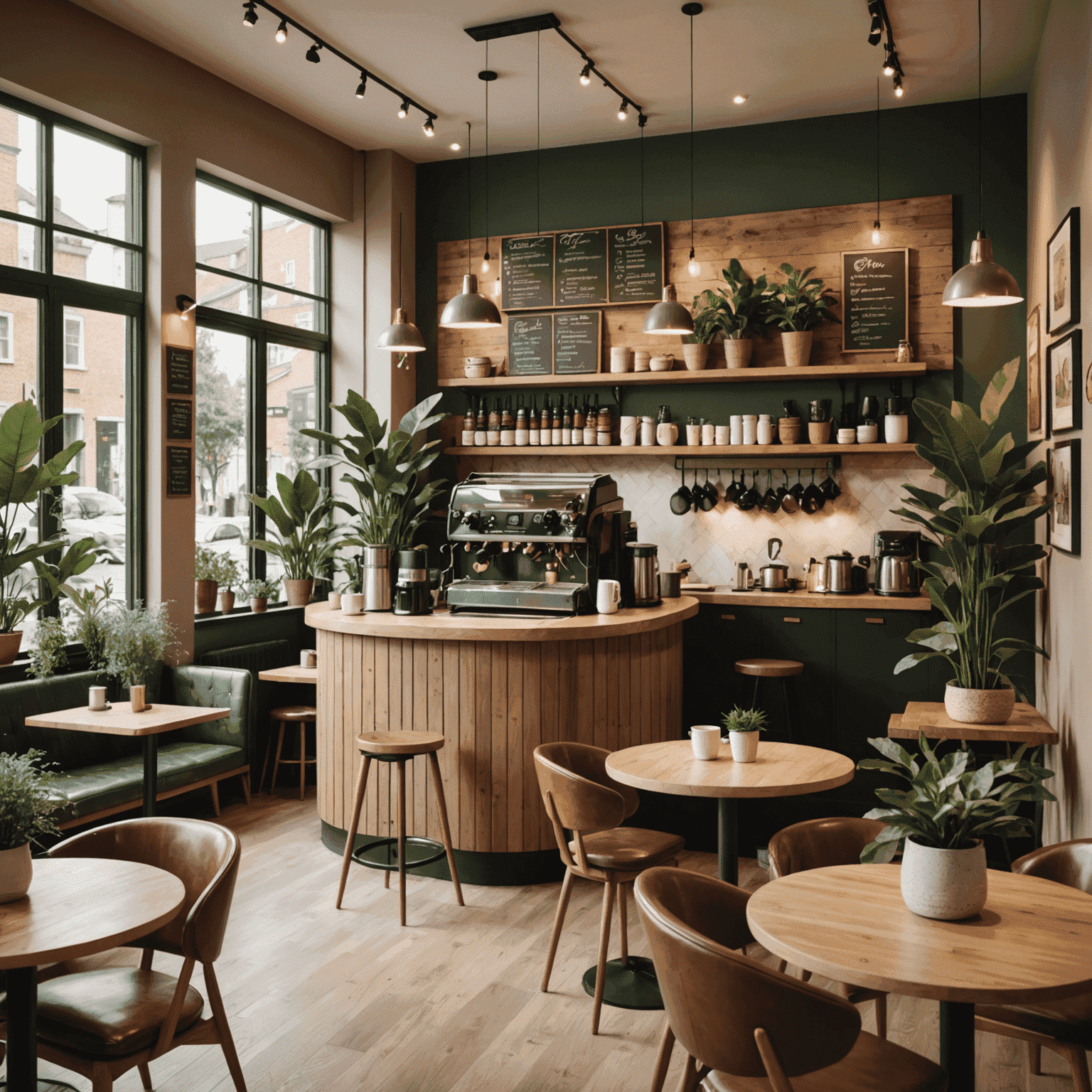 O imagine caldă a unei cafenele moderne și primitoare, cu clienți savurând cafea și discutând într-o atmosferă relaxantă. Interiorul prezintă elemente de design în nuanțe de maro și verde, cu accente de lemn și plante.