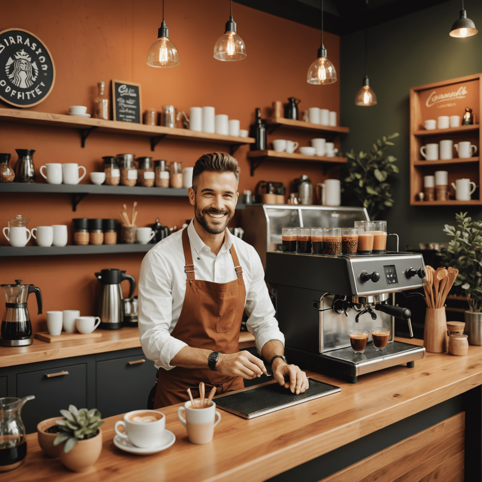 O imagine caldă și primitoare a unei cafenele AromaCraft, cu mese de lemn, scaune confortabile și un barista zâmbitor pregătind cafea la un espressor modern. Atmosfera este luminoasă și invitătoare, cu accente de culoare terracotta și verde măsliniu.