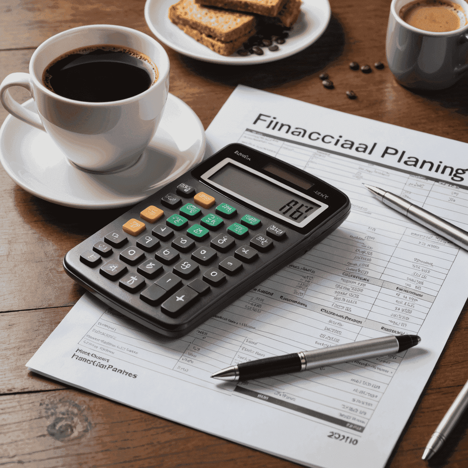 O imagine cu diverse documente financiare, un calculator și o ceașcă de cafea AromaCraft, sugerând planificarea financiară pentru o franciză