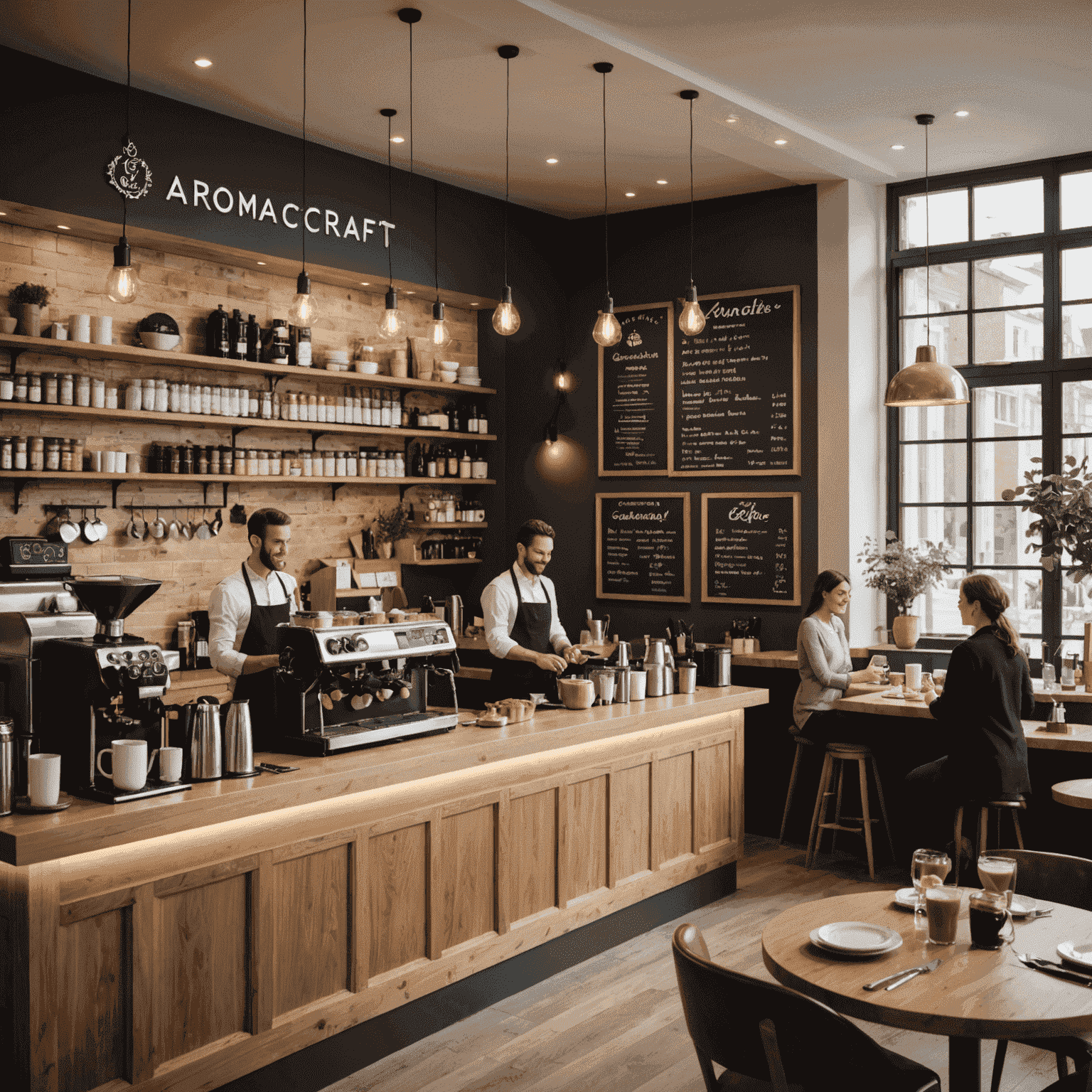 O imagine care prezintă interiorul elegant al unei cafenele AromaCraft, cu clienți fericiți savurând cafea și barista pregătind băuturi.